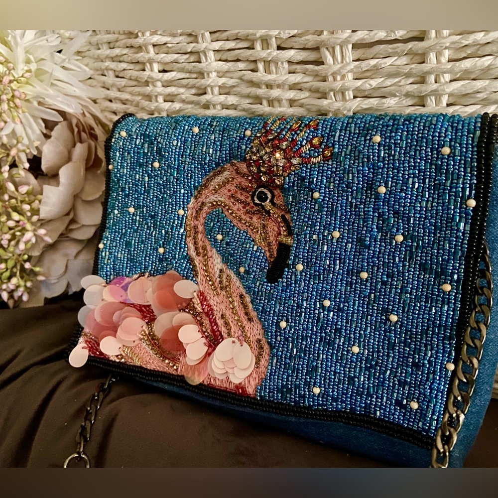 MARY FRANCES Queen Flamingo Embellished Denim Novelty Handbag - Picture 5 of 17